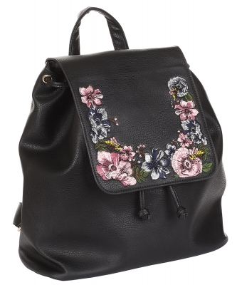 Flower Embroidered Drawstring Backpack  F1450 BLACK
